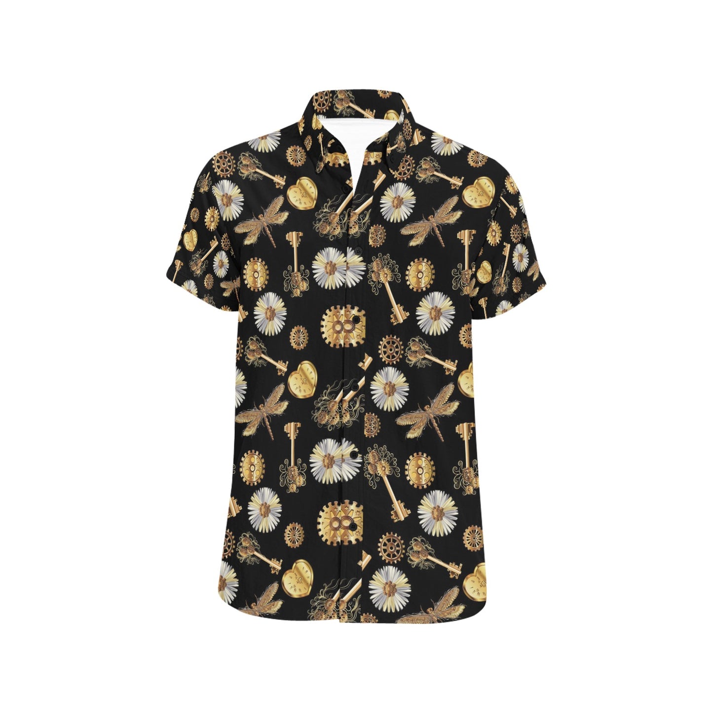Steampunk Key Dragonfly Print Design LKS303 Men Short Sleeve Button Up Shirt