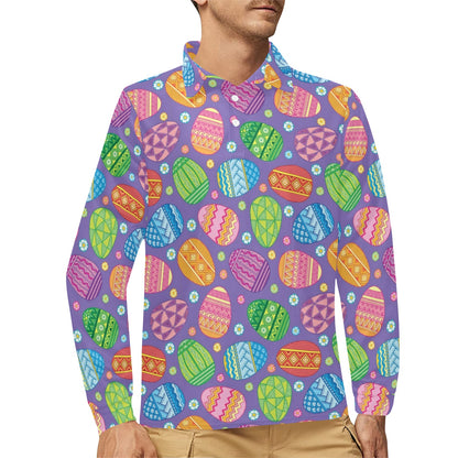 Easter Eggs Pattern Print Design RB010 Long Sleeve Polo Shirt For Men's