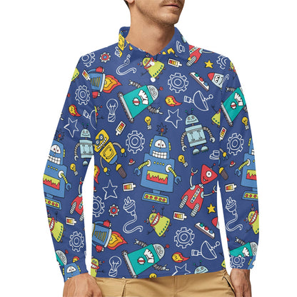 Robot Pattern Print Design A03 Long Sleeve Polo Shirt For Men's