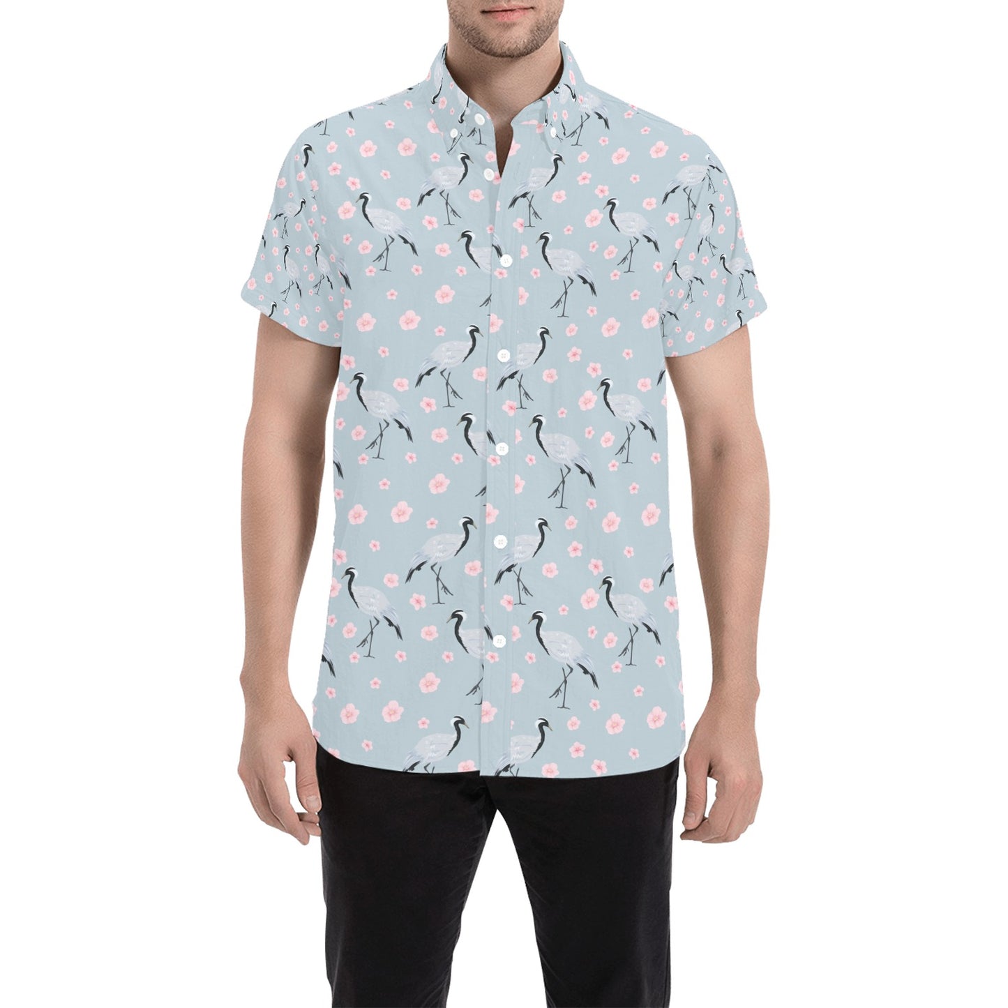 Sakura Bird Print Design LKS304 Men Short Sleeve Button Up Shirt
