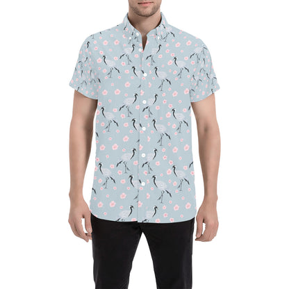 Sakura Bird Print Design LKS304 Men Short Sleeve Button Up Shirt