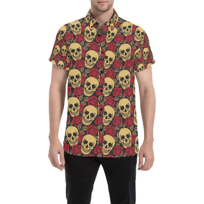 Skull And Roses Print Design LKS302 Men Short Sleeve Button Up Shirt