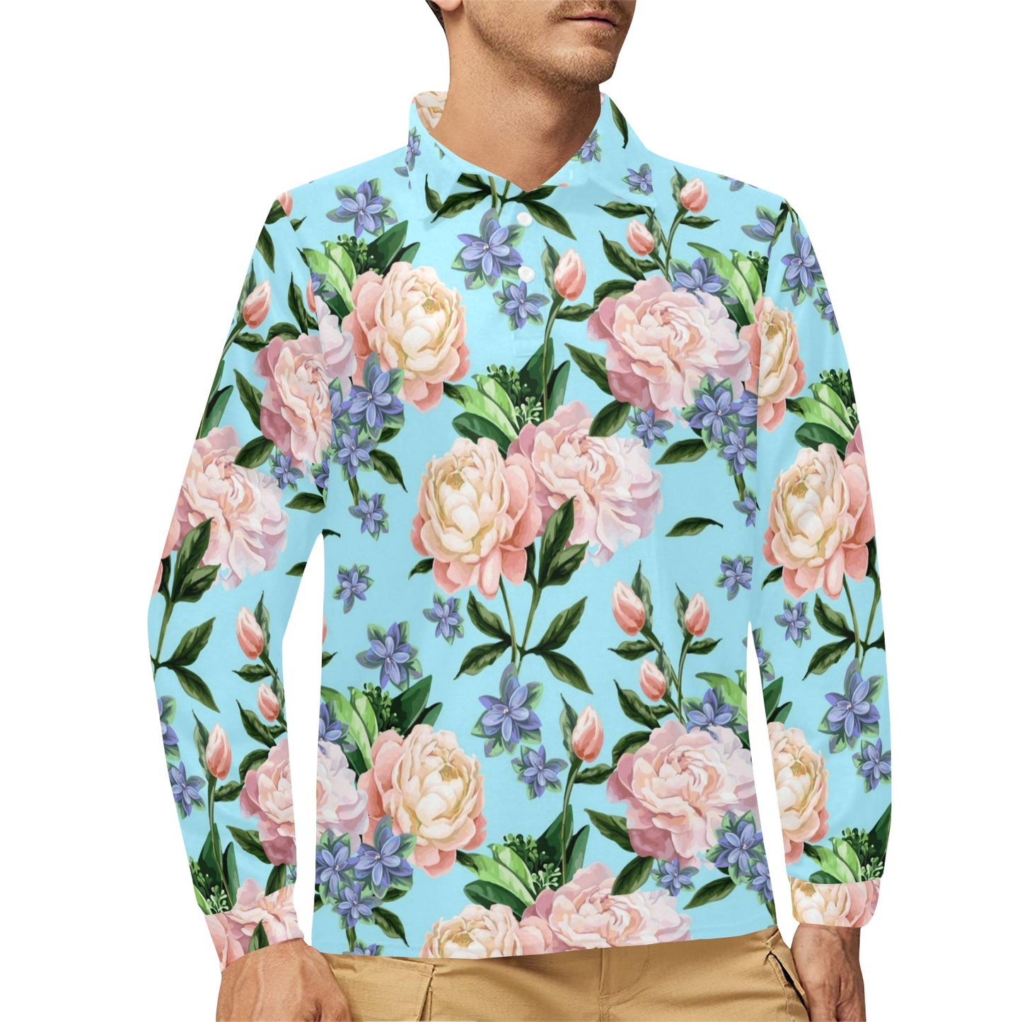 Peony Pattern Print Design PE02 Long Sleeve Polo Shirt For Men's
