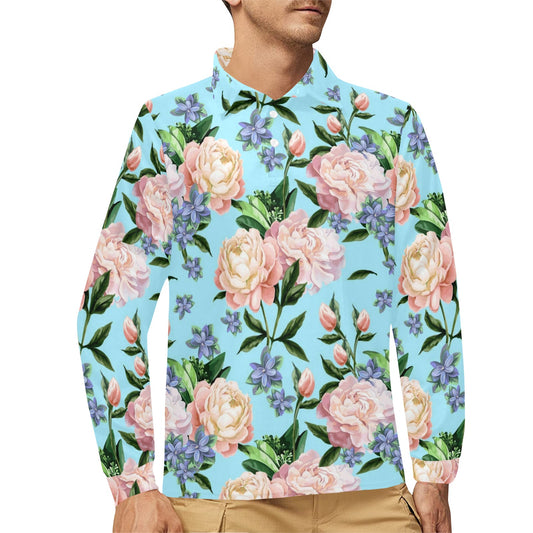 Peony Pattern Print Design PE02 Long Sleeve Polo Shirt For Men's