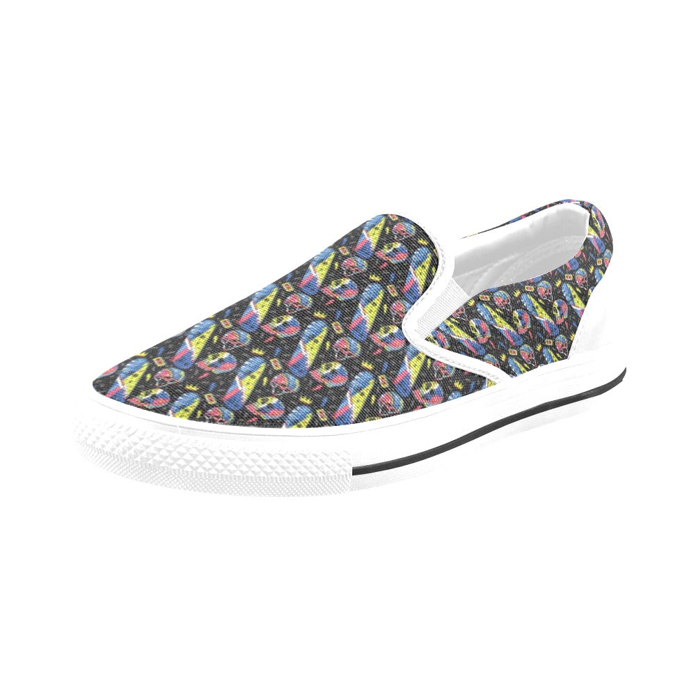 Skateboard Print Design LKS304 White Slip Ons Canvas Women's Shoes