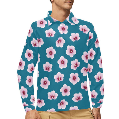 Cherry Blossom Pattern Print Design CB08 Long Sleeve Polo Shirt For Men's