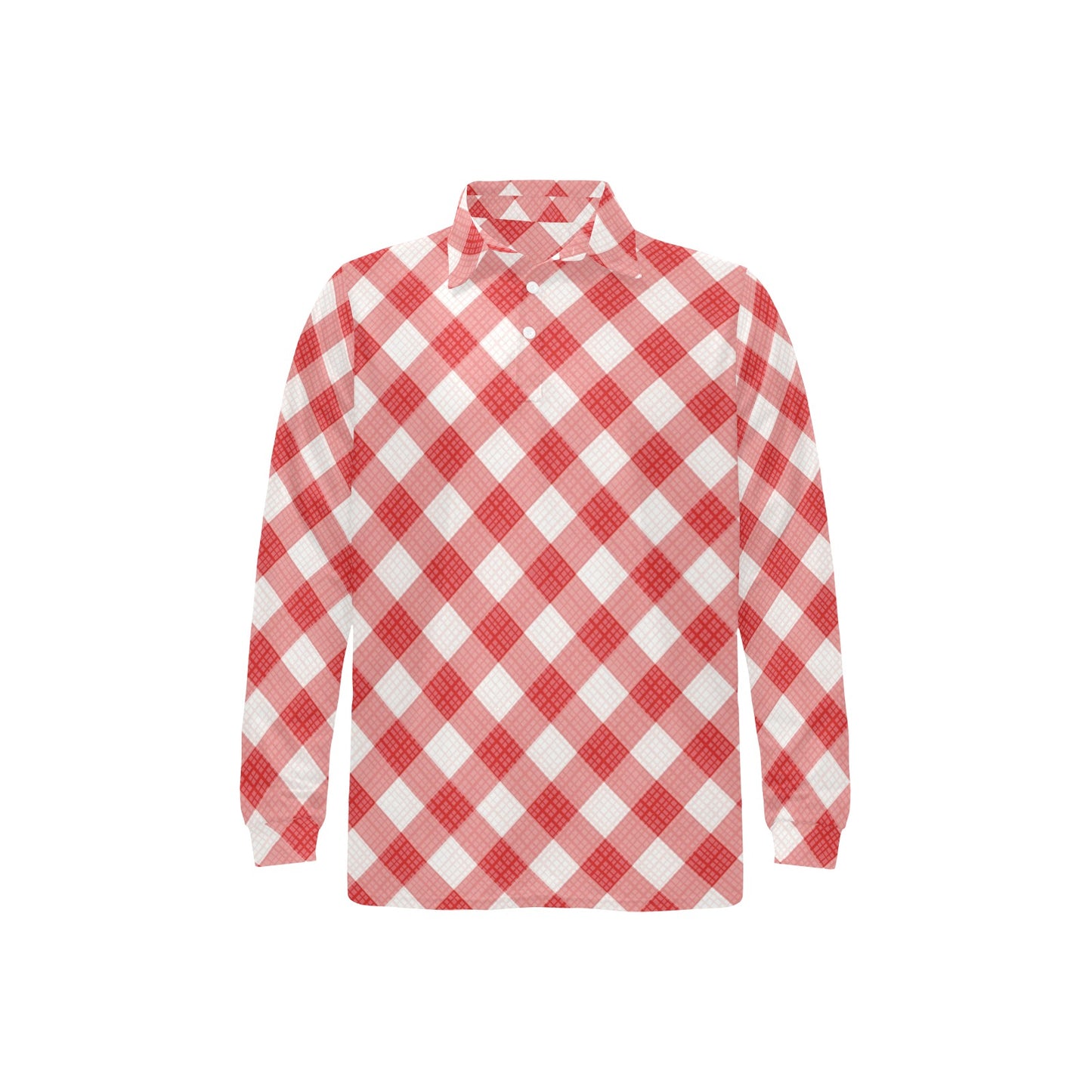 Gingham Red Pattern Print Design 01 Long Sleeve Polo Shirt For Men's
