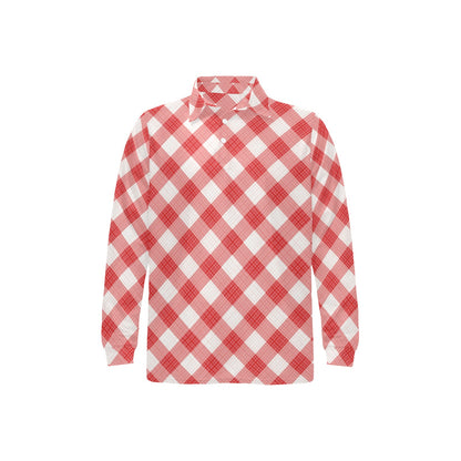 Gingham Red Pattern Print Design 01 Long Sleeve Polo Shirt For Men's