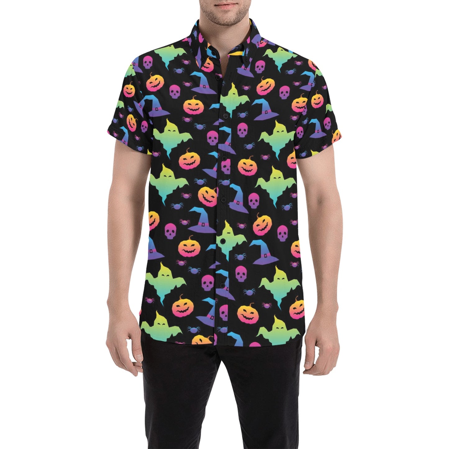 Halloween Print Design LKS404 Men Short Sleeve Button Up Shirt
