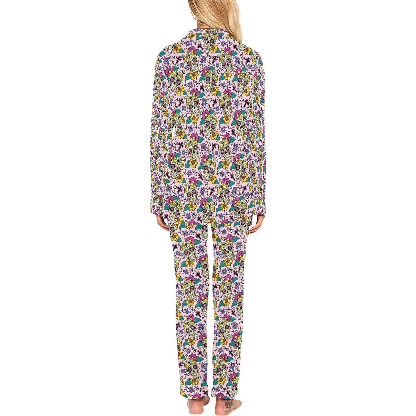 Sugar Skull Print Design LKS307 Women's Long Pajama Set