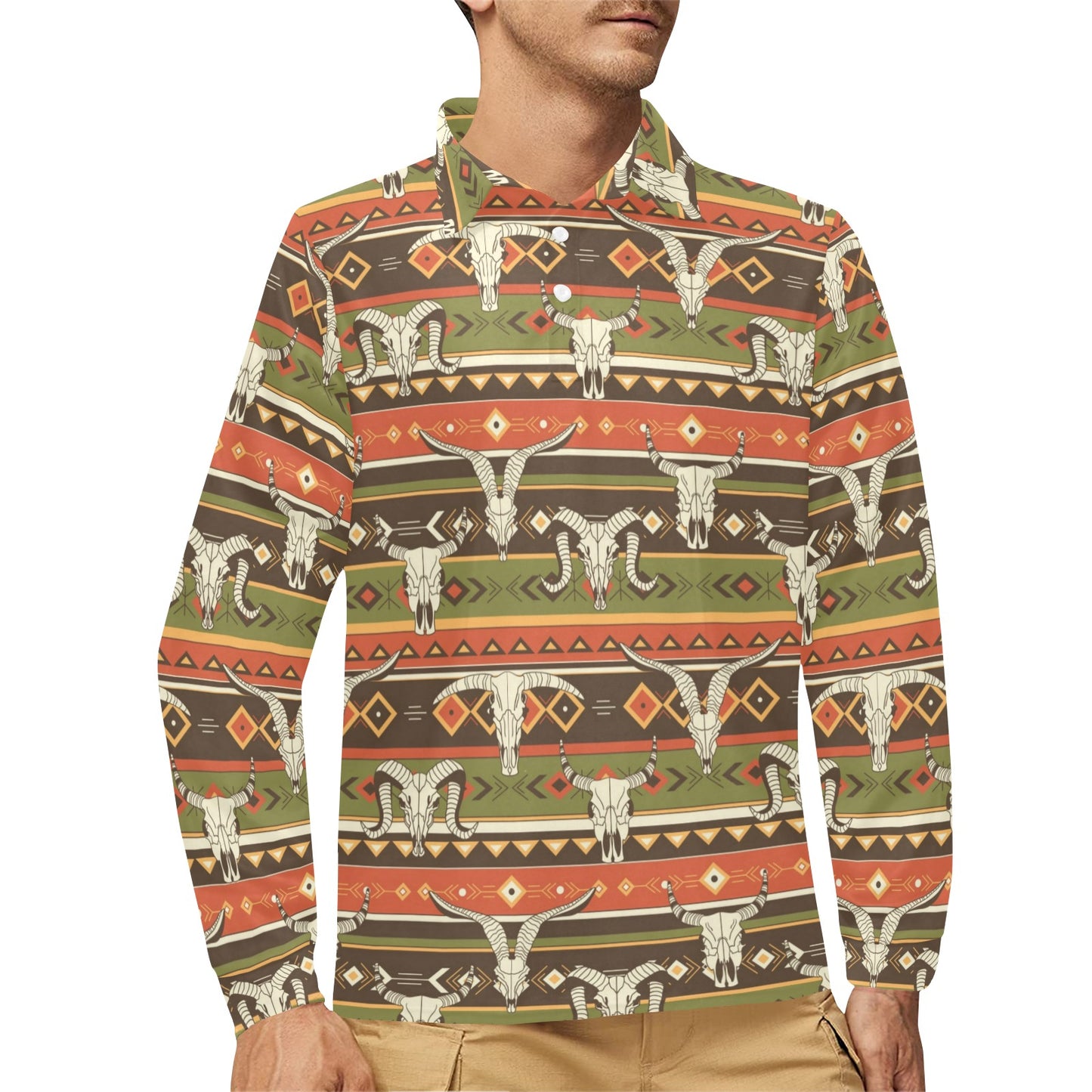 American indian Skull Animal Long Sleeve Polo Shirt For Men's
