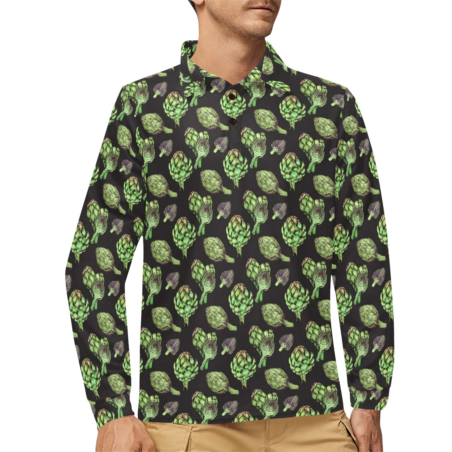 Artichoke Pattern Print Design 02 Long Sleeve Polo Shirt For Men's