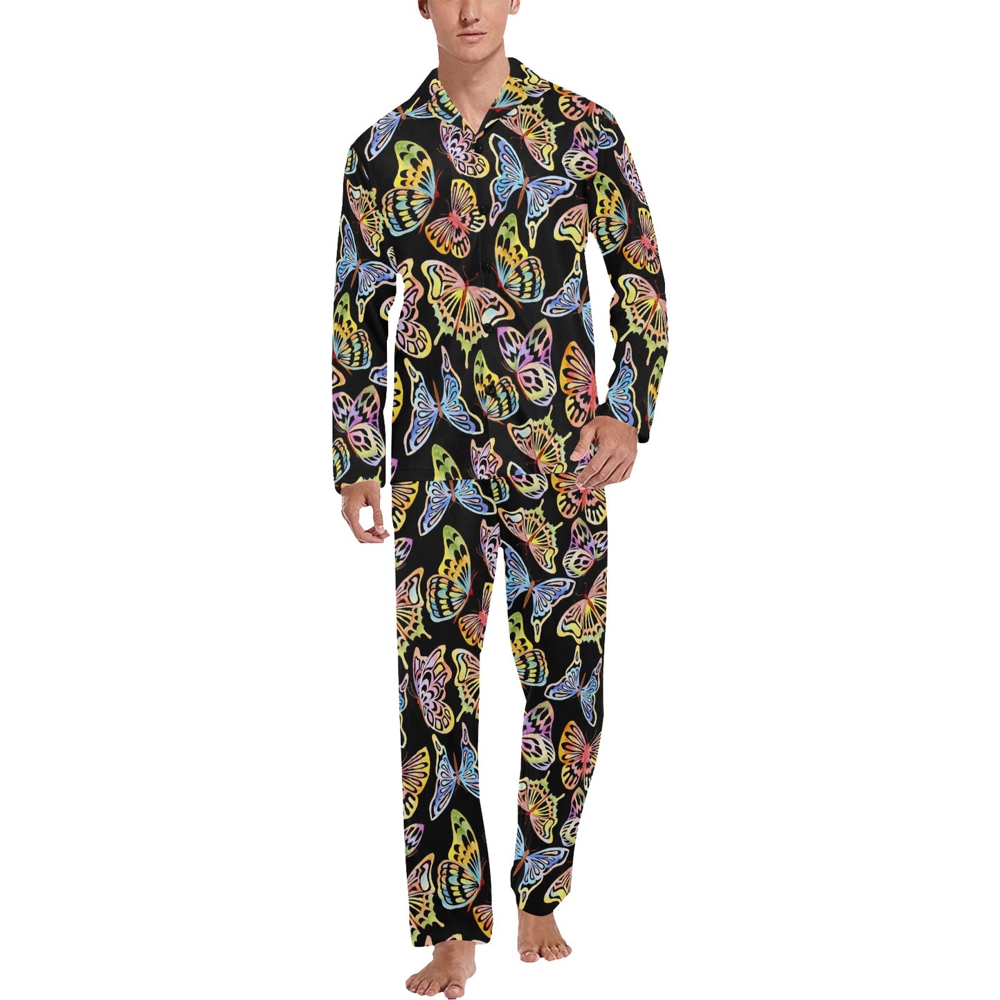 Butterfly Water Color Rainbow Men's Long Pajama Set