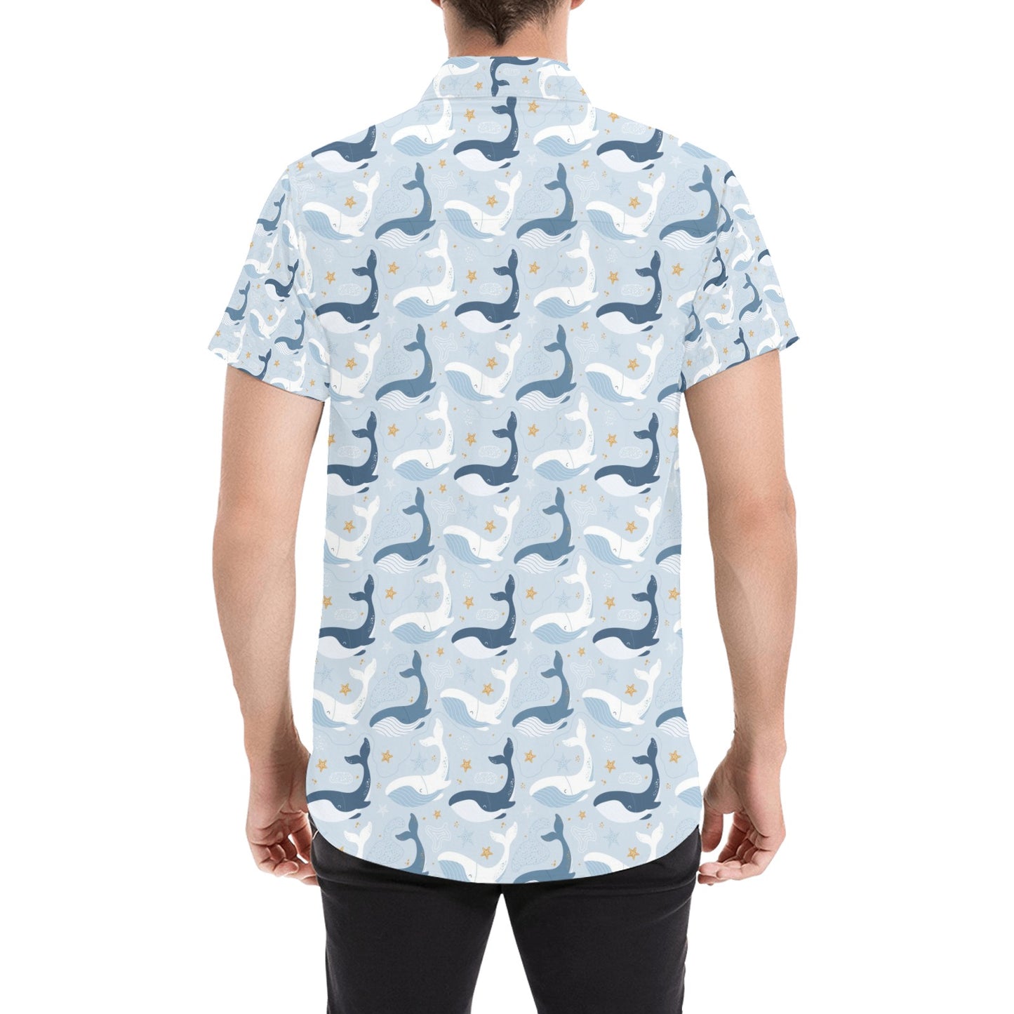 Whale Print Design LKS305 Men Short Sleeve Button Up Shirt