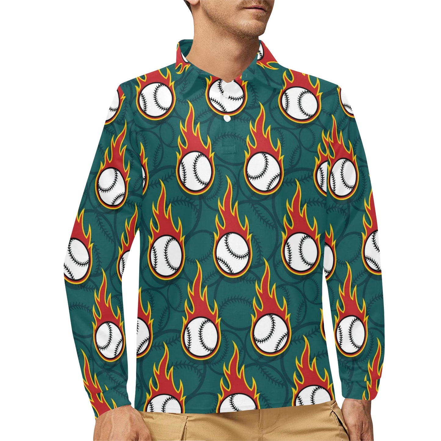 Baseball Fire Print Pattern Long Sleeve Polo Shirt For Men's