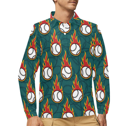 Baseball Fire Print Pattern Long Sleeve Polo Shirt For Men's