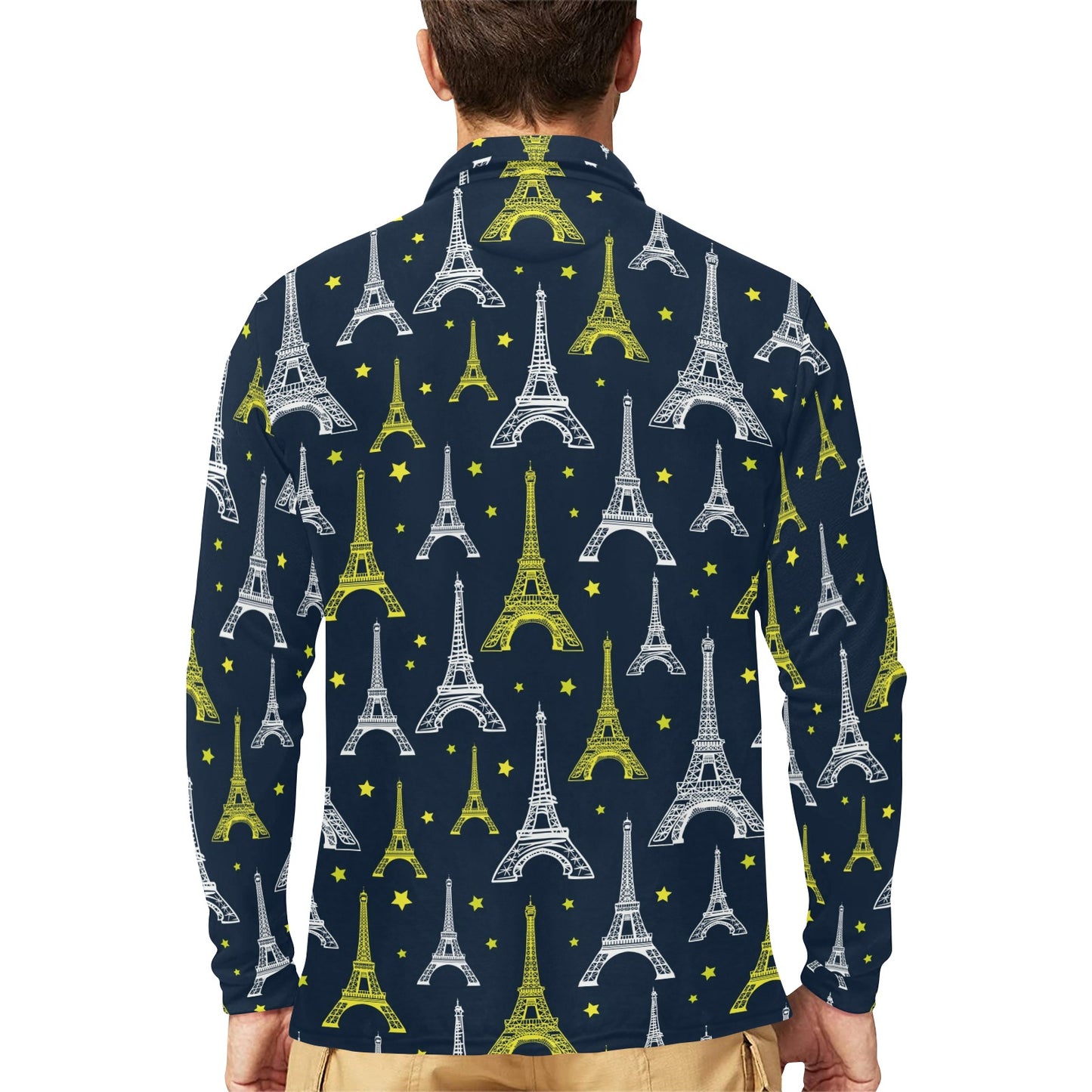 Eiffel Tower Star Print Long Sleeve Polo Shirt For Men's