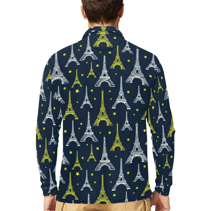 Eiffel Tower Star Print Long Sleeve Polo Shirt For Men's