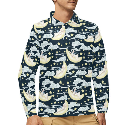 Rabbit Sleeping Pattern Print Design RB08 Long Sleeve Polo Shirt For Men's