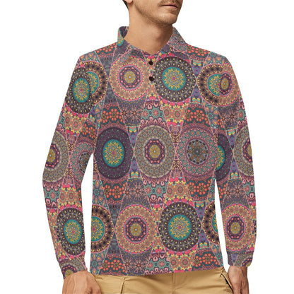 Bohemian Pattern Print Design 07 Long Sleeve Polo Shirt For Men's