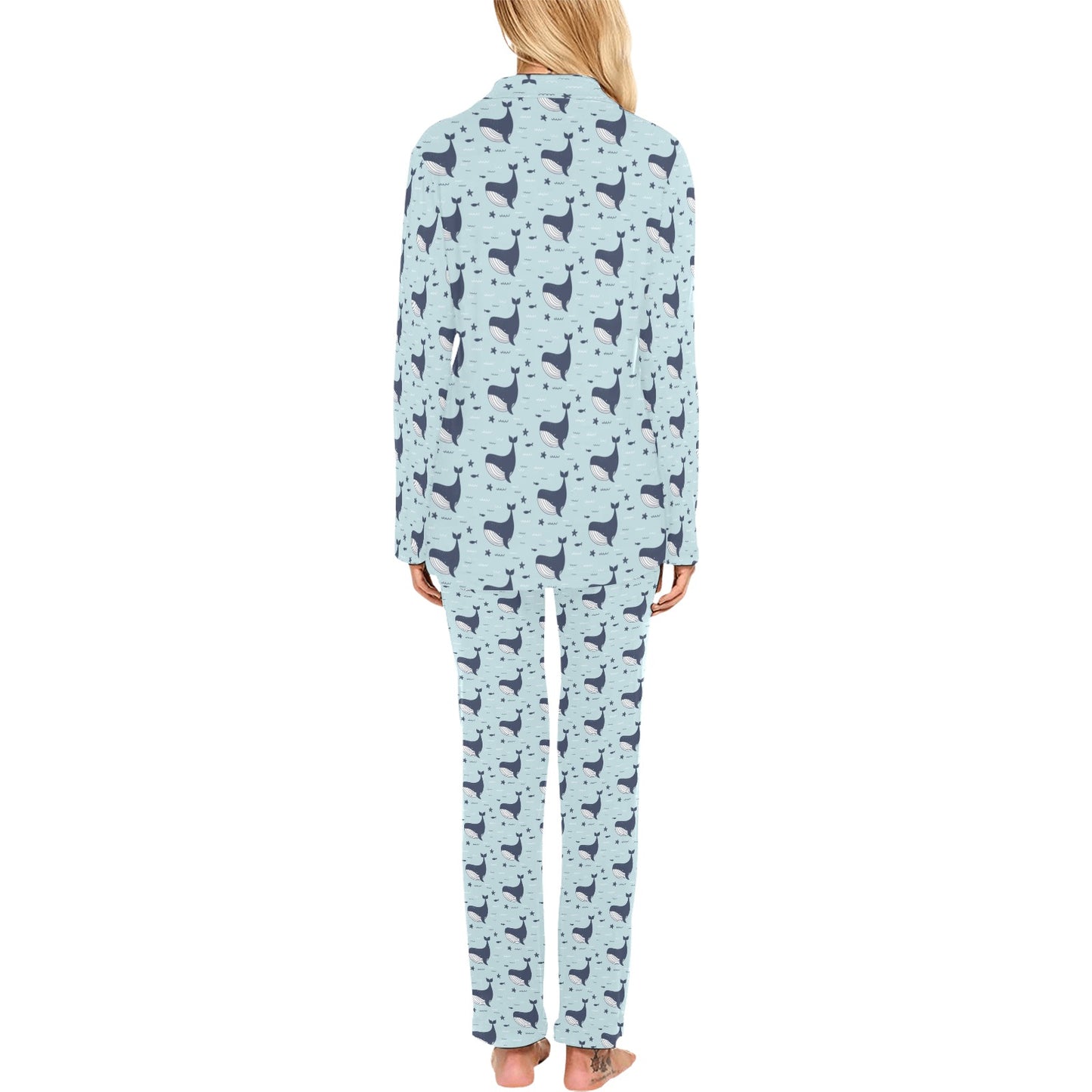 Whale Cute Design Themed Print Women's Long Pajama Set