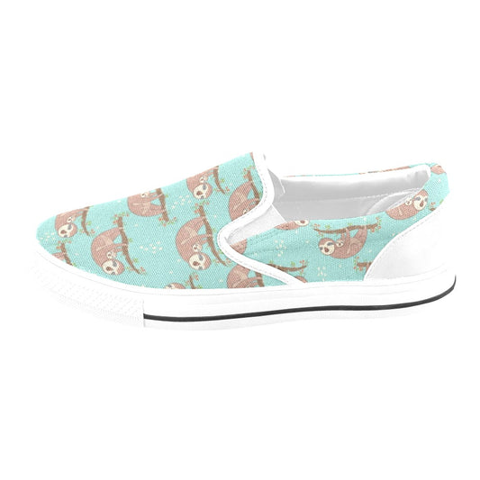 Sloth Print Design LKS302 White Slip Ons Canvas Women's Shoes
