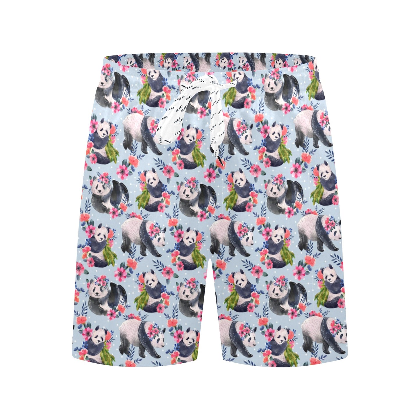 Panda Bear Flower Design Themed Print Men's Swim Trunks Beach Shorts