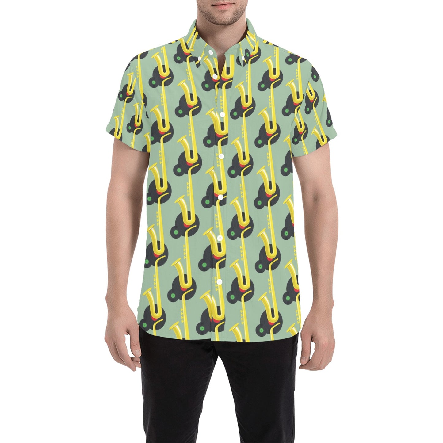 Saxophone Print Design LKS405 Men Short Sleeve Button Up Shirt
