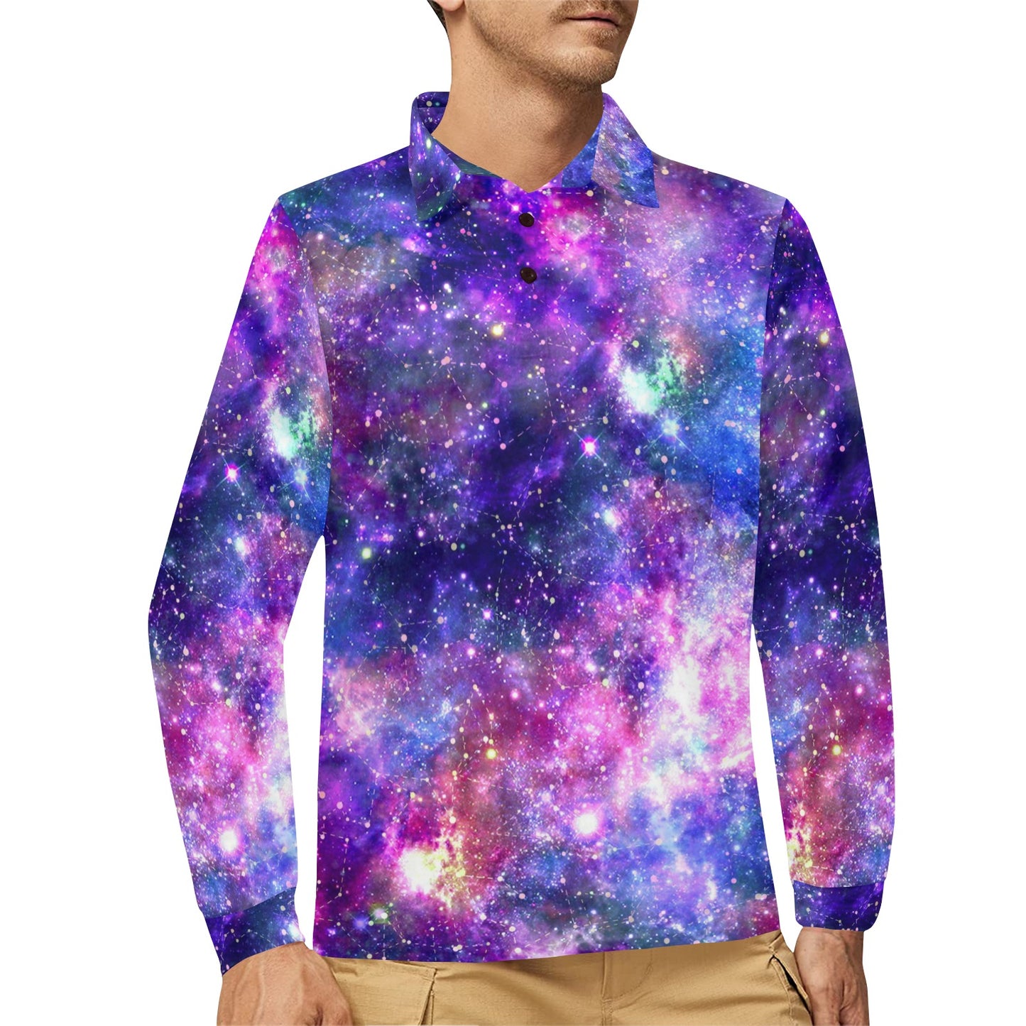 Galaxy Night Stardust Space Print Long Sleeve Polo Shirt For Men's