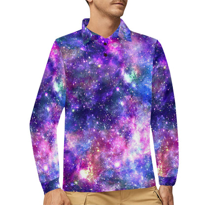 Galaxy Night Stardust Space Print Long Sleeve Polo Shirt For Men's