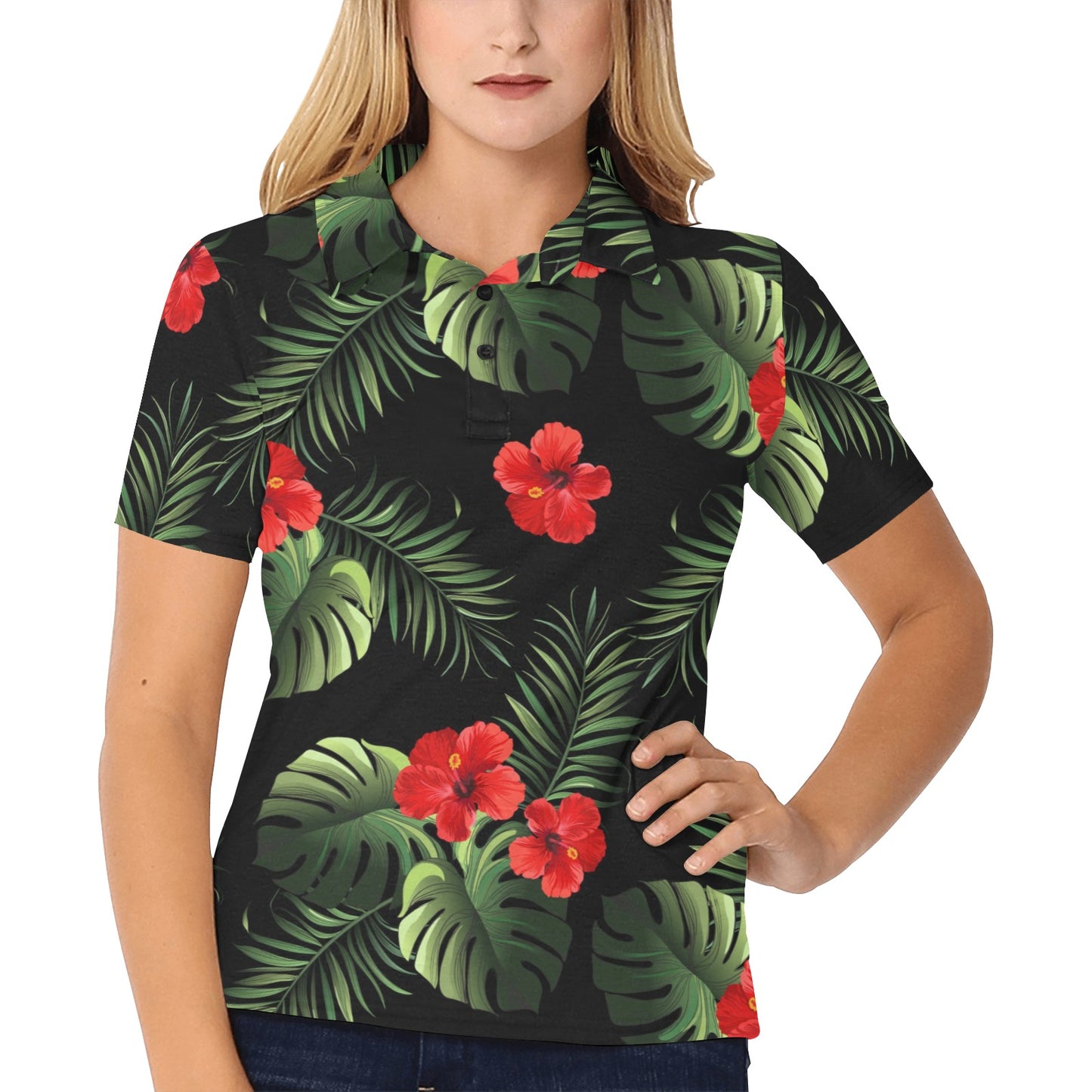 Red Hibiscus Tropical Women's Polo Shirt