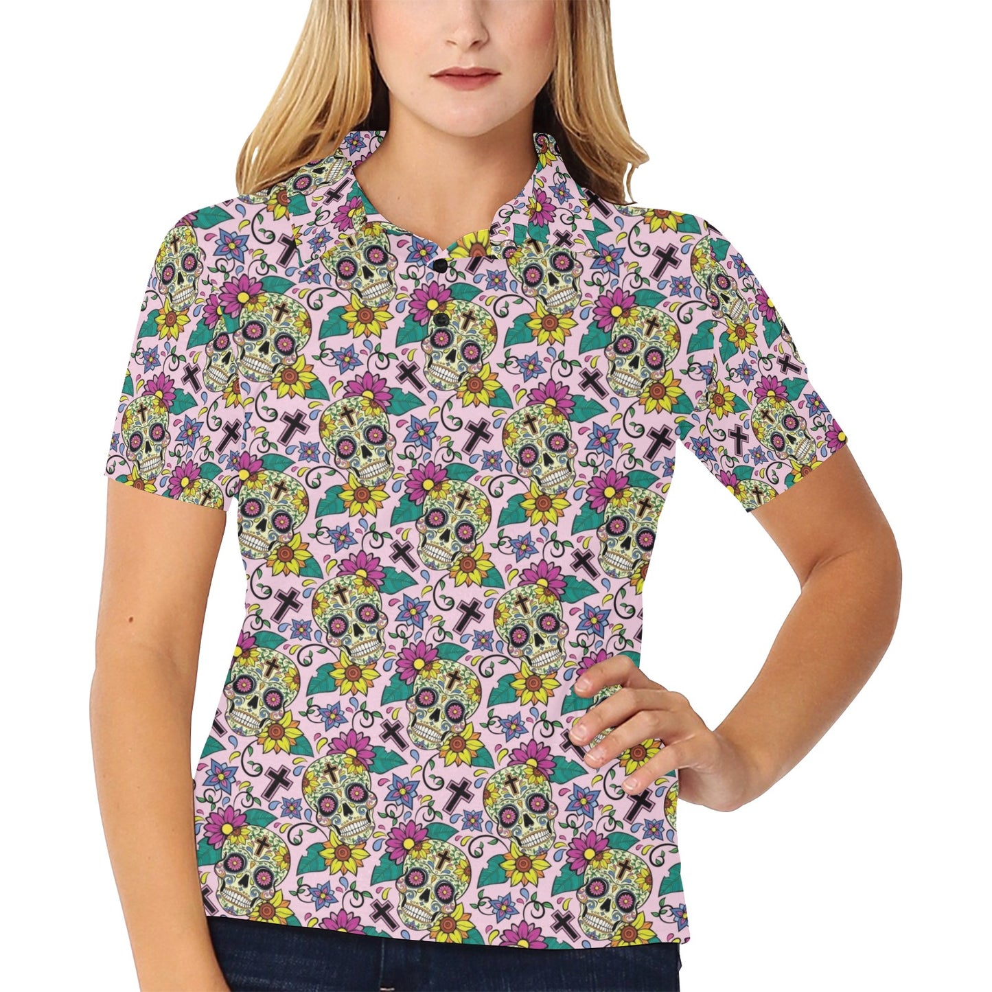 Sugar Skull Print Design LKS307 Women's Polo Shirt