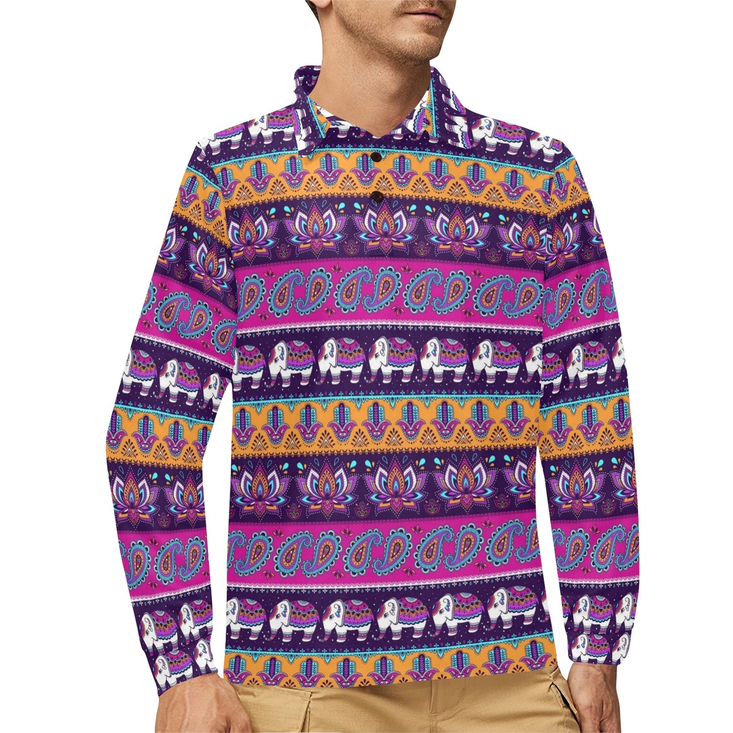 Boho Indian Style Pattern Long Sleeve Polo Shirt For Men's