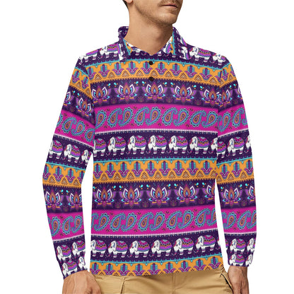 Boho Indian Style Pattern Long Sleeve Polo Shirt For Men's