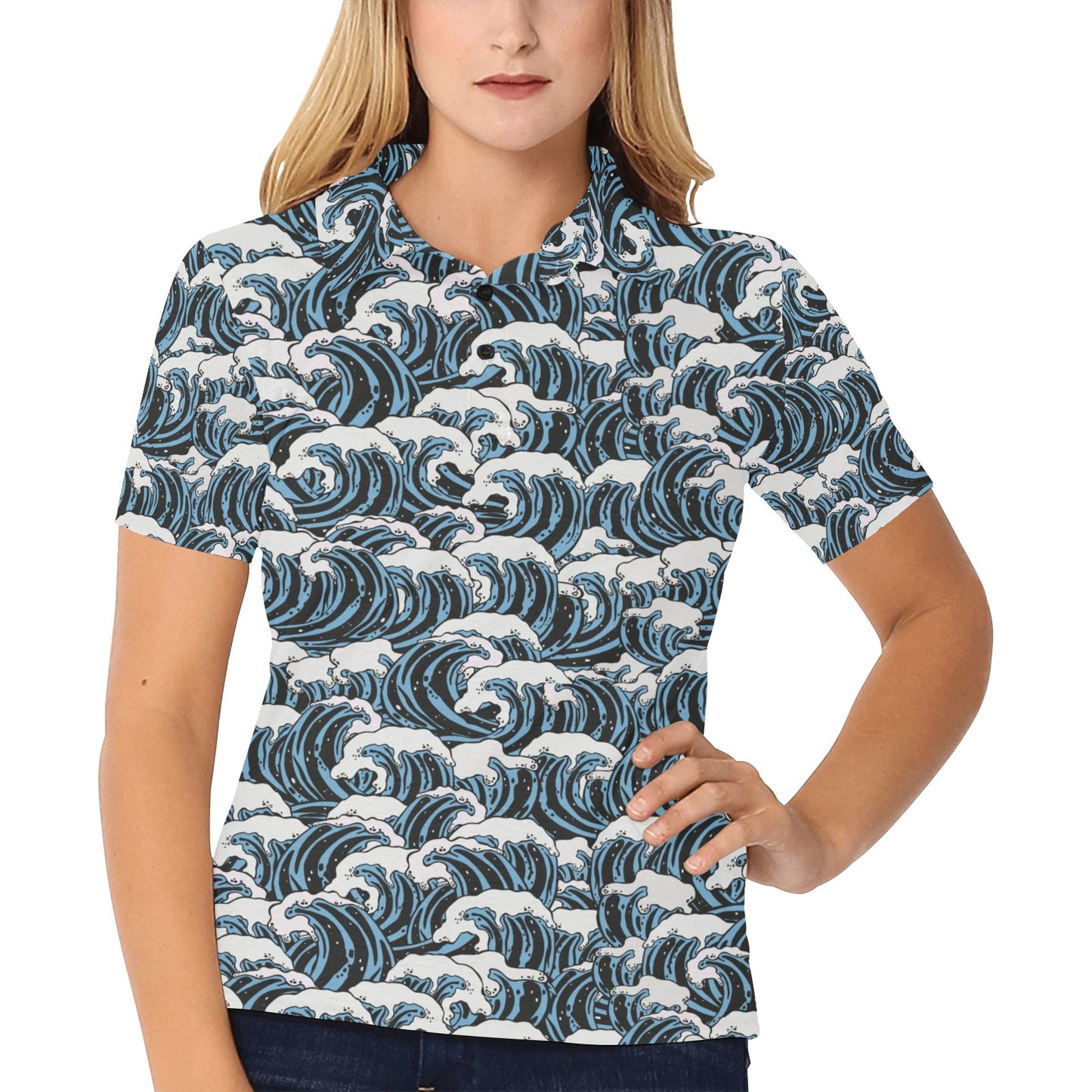 Surf Wave Pattern Print Women's Polo Shirt
