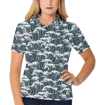 Surf Wave Pattern Print Women's Polo Shirt
