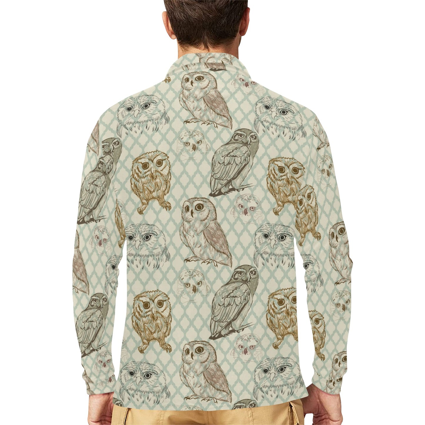 Owl Pattern Print Design A03 Long Sleeve Polo Shirt For Men's