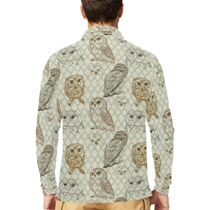 Owl Pattern Print Design A03 Long Sleeve Polo Shirt For Men's