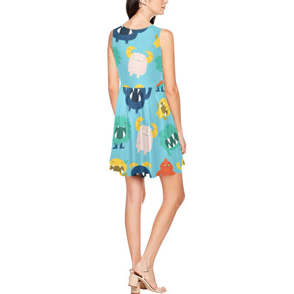 Monster Cartoon Pattern Print Design 03 Sleeveless Dress