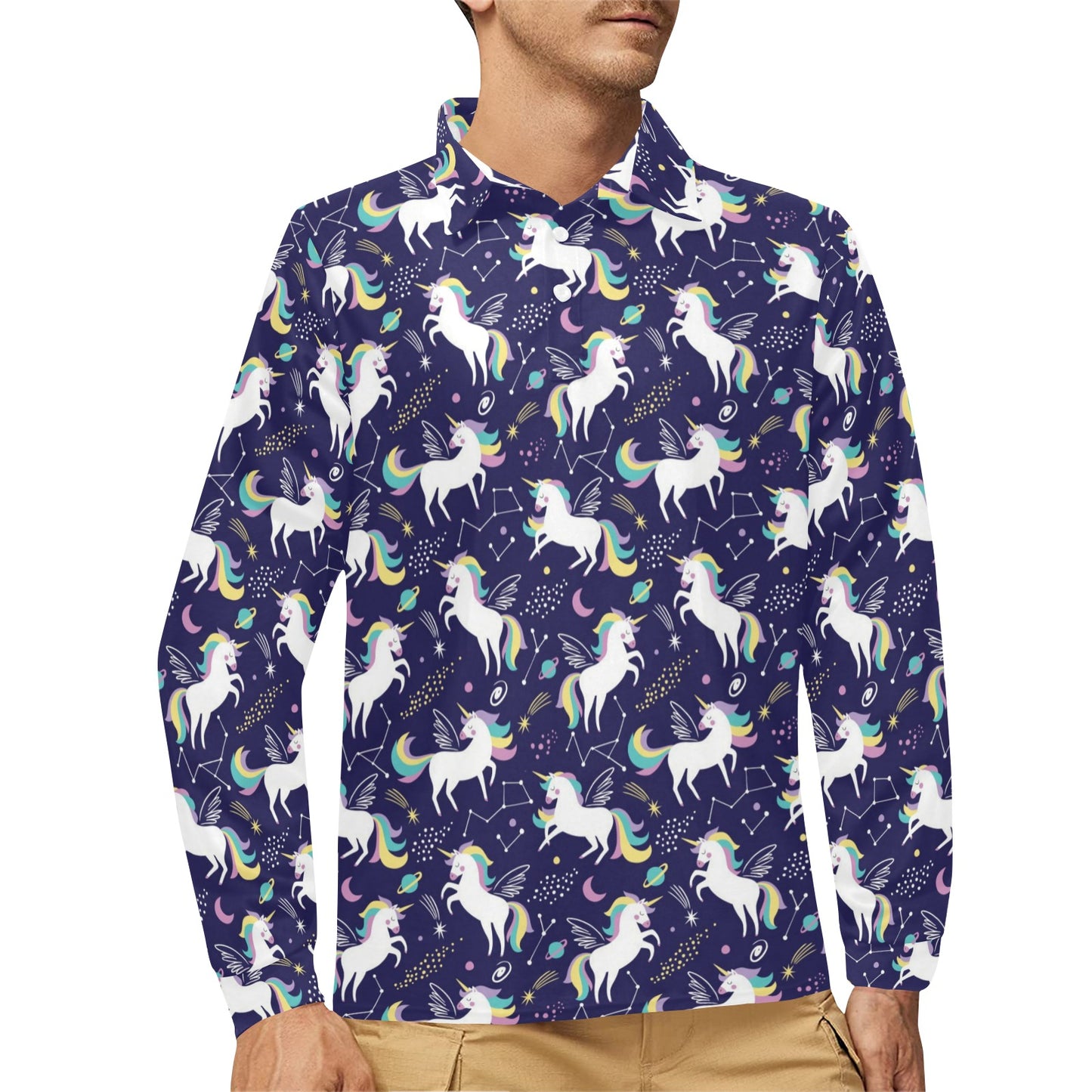Unicorn Print Design LKS305 Long Sleeve Polo Shirt For Men's