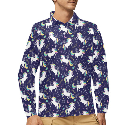 Unicorn Print Design LKS305 Long Sleeve Polo Shirt For Men's