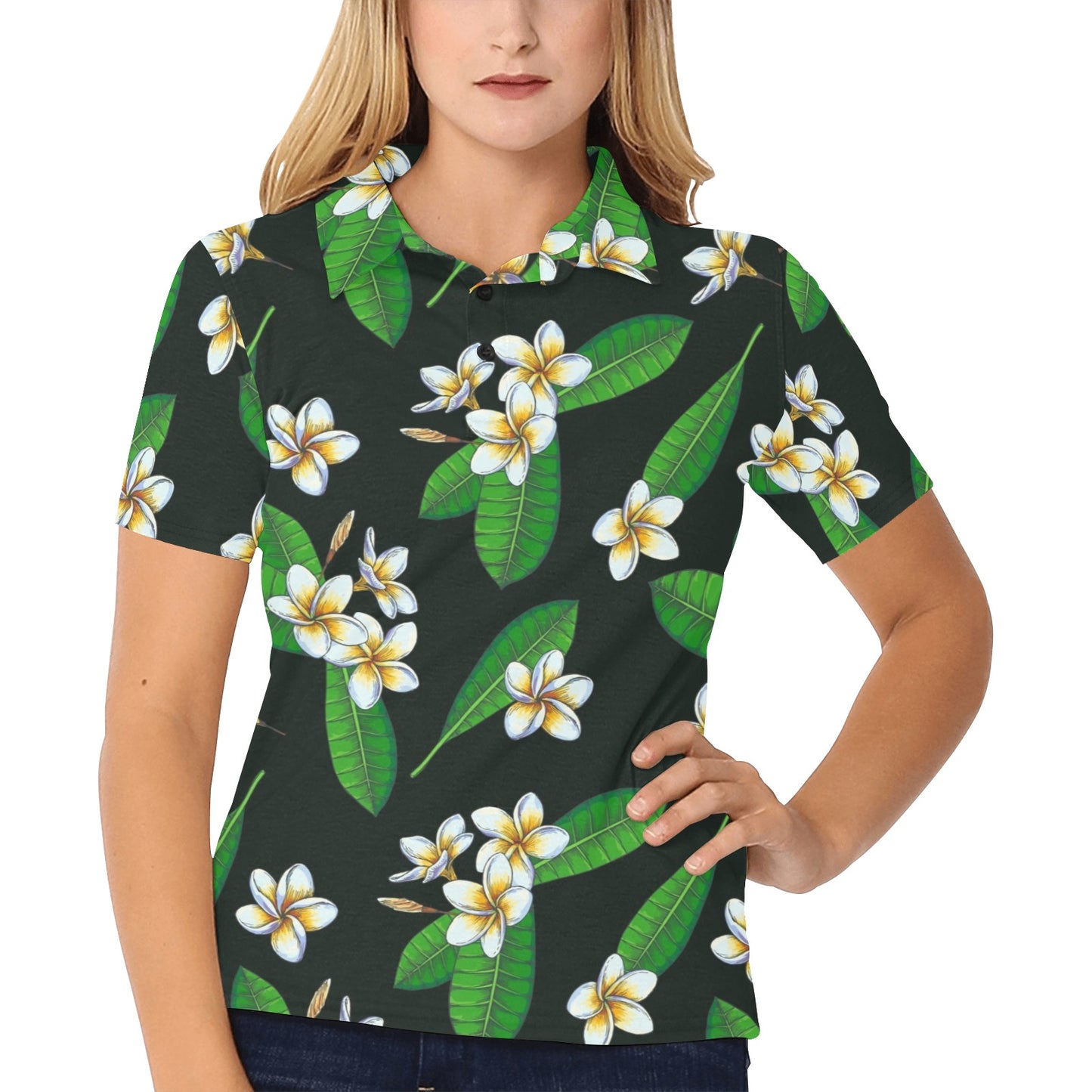 White Plumeria Pattern Print Design PM023 Women's Polo Shirt