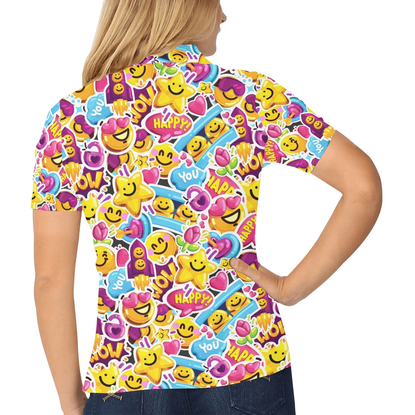 Emoji Sticker Print Pattern Women's Polo Shirt