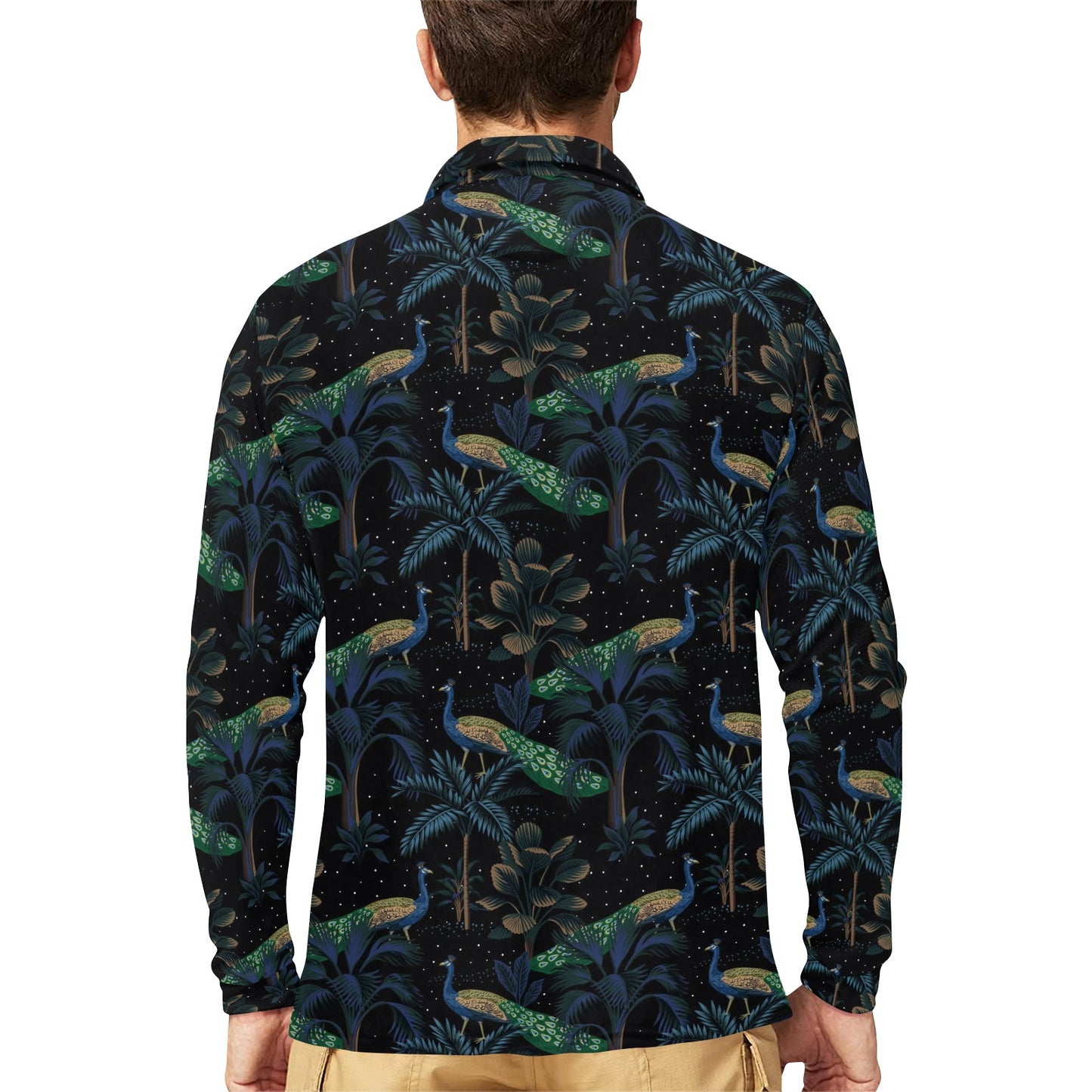 Rainforest Peacock Pattern Print Design A04 Long Sleeve Polo Shirt For Men's