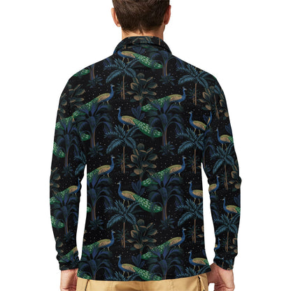 Rainforest Peacock Pattern Print Design A04 Long Sleeve Polo Shirt For Men's