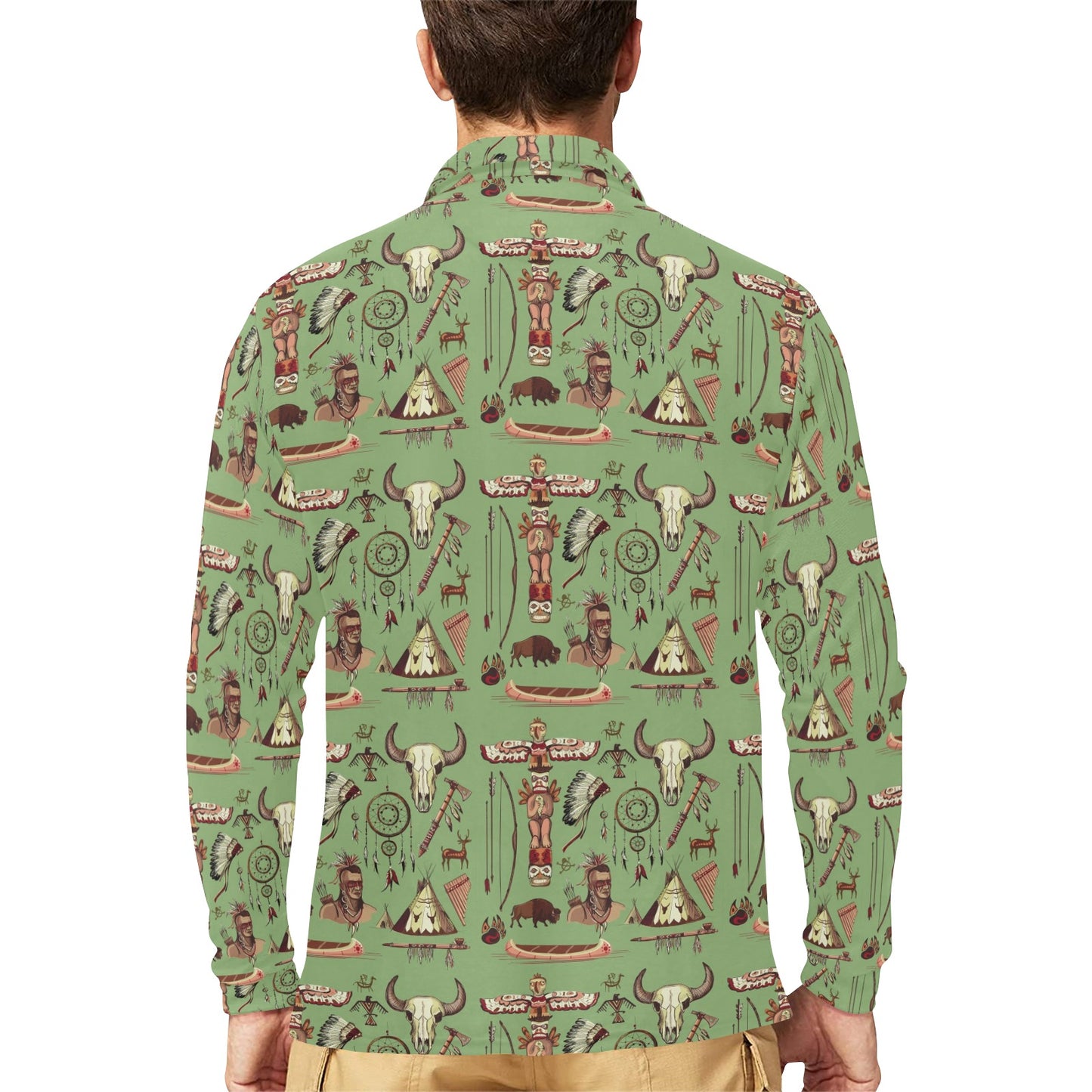 Native Indian Themed Design Print Long Sleeve Polo Shirt For Men's
