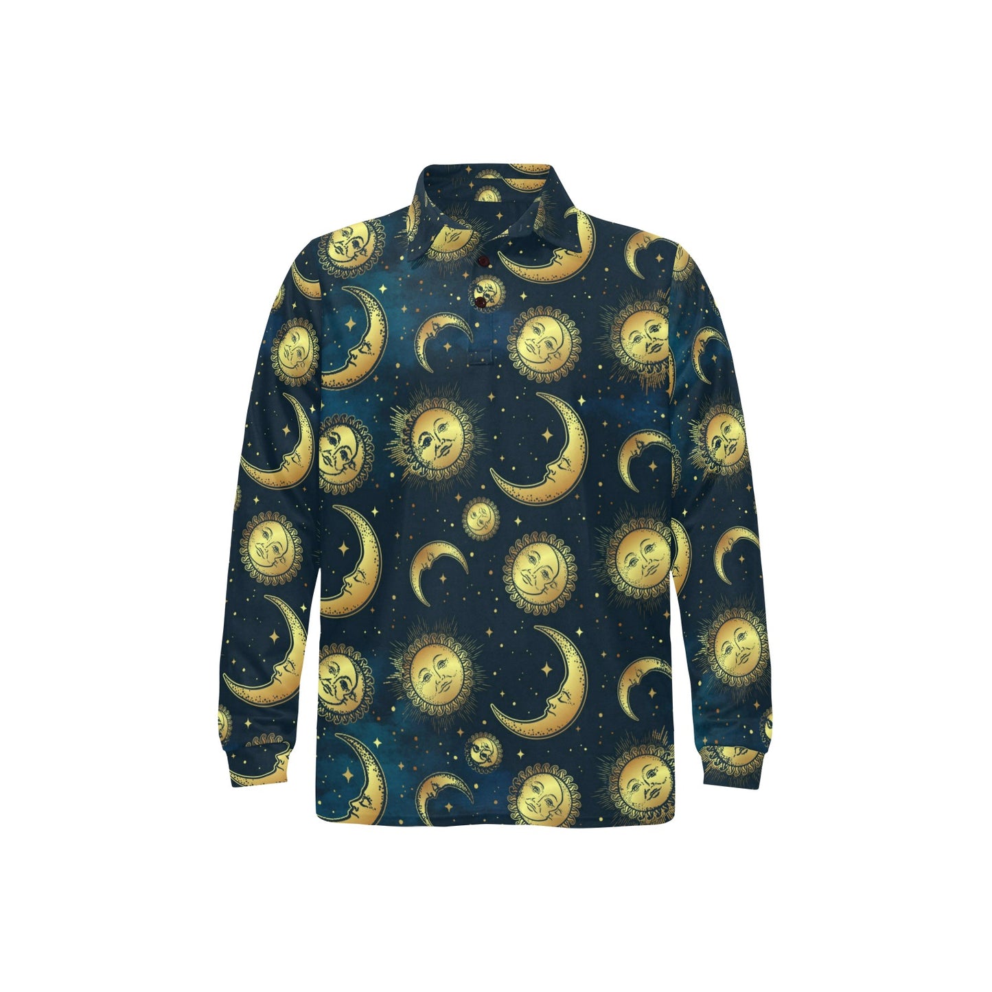 Gold Sun Moon Face Long Sleeve Polo Shirt For Men's