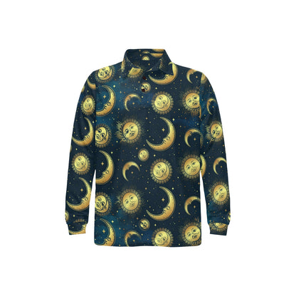 Gold Sun Moon Face Long Sleeve Polo Shirt For Men's