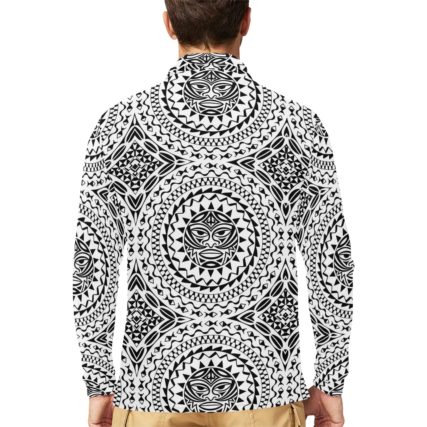 Polynesian Tribal Mask Long Sleeve Polo Shirt For Men's