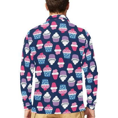 Cupcake Pattern Print Design CP04 Long Sleeve Polo Shirt For Men's